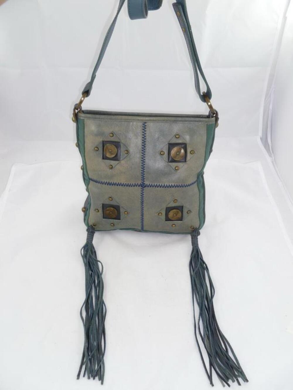 VELEZ COLOMBIA USED TEAL LEATHER FRINGE/STUDDED SHOULDER BAG